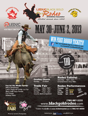 The Leduc BGR poster for 2013, developed by Edmonton web designer INM shows a cowboy on a bucking bronc from a rare front angle